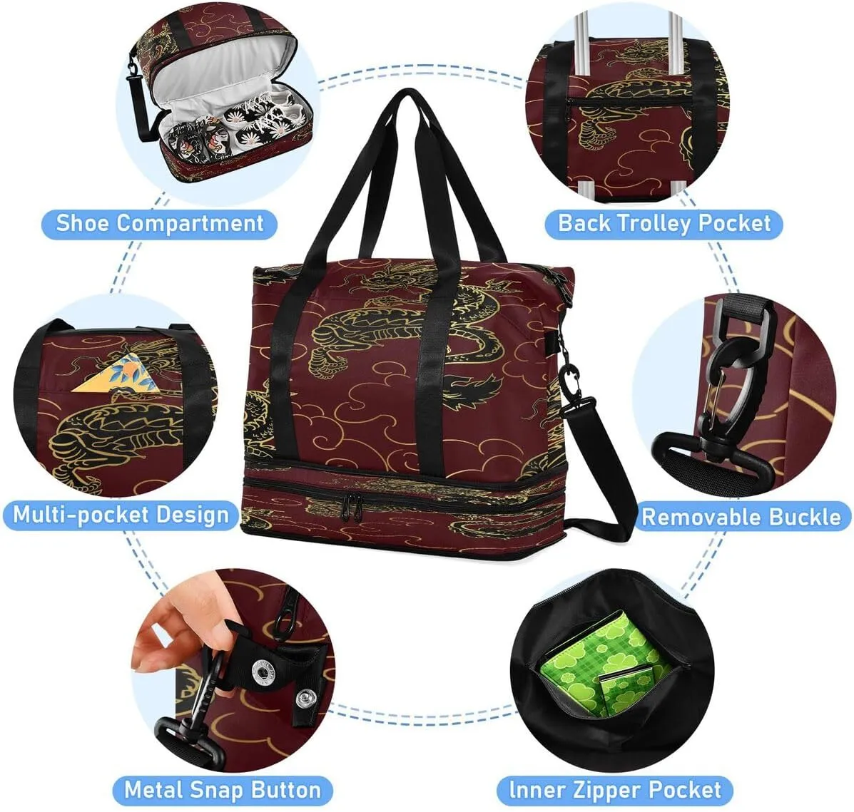 ALAZA Red Chinese Dragon Cloud Travel Duffel Bag with Shoe Compartment Tote Bag Weekender Overnight Bag with Wet Pocket for Travel,Gym,Yoga,Swimming