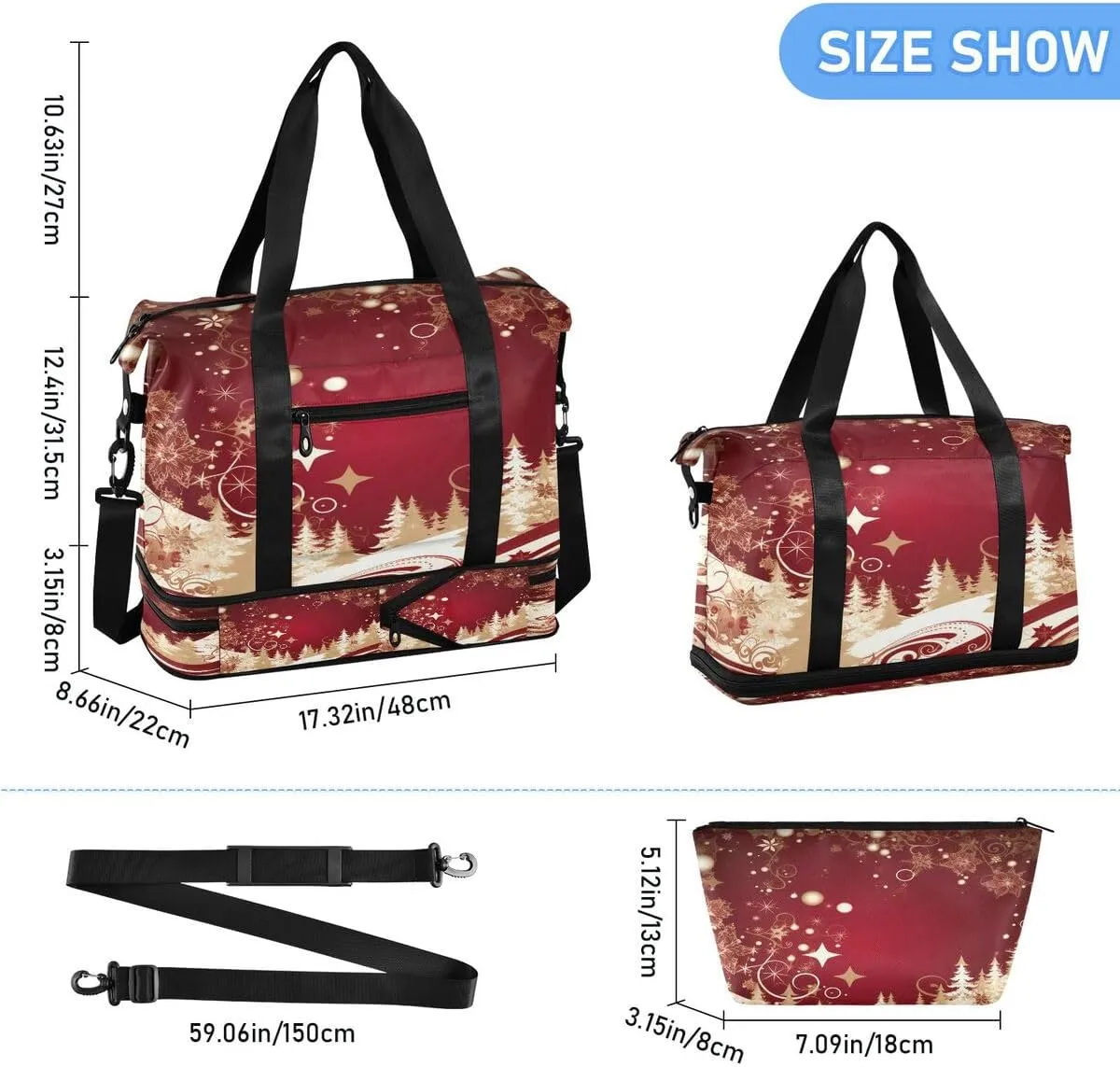 ALAZA Retro Star Pine Tree Merry Christmas Travel Duffel Bag with Shoe Compartment Tote Bag Weekender Overnight Bag with Wet Pocket for Travel,Gym,Yoga,Swimming