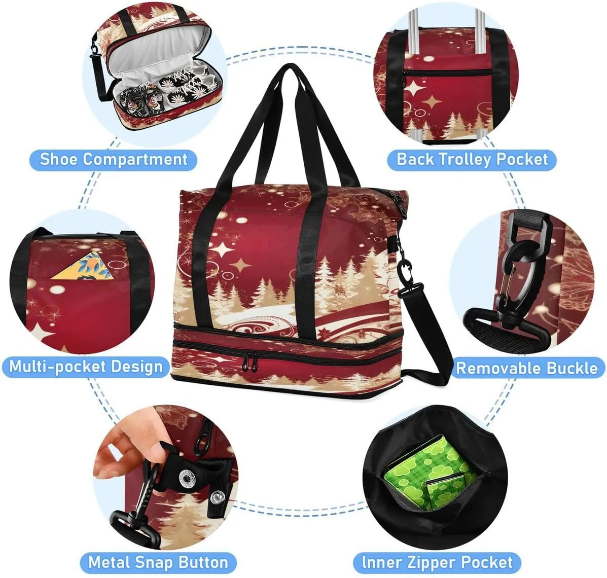ALAZA Retro Star Pine Tree Merry Christmas Travel Duffel Bag with Shoe Compartment Tote Bag Weekender Overnight Bag with Wet Pocket for Travel,Gym,Yoga,Swimming