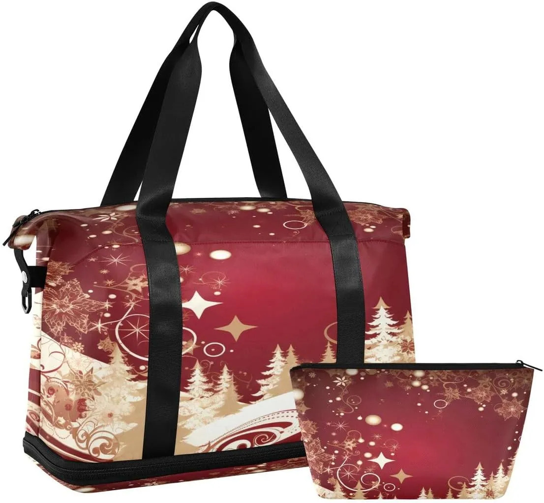 ALAZA Retro Star Pine Tree Merry Christmas Travel Duffel Bag with Shoe Compartment Tote Bag Weekender Overnight Bag with Wet Pocket for Travel,Gym,Yoga,Swimming