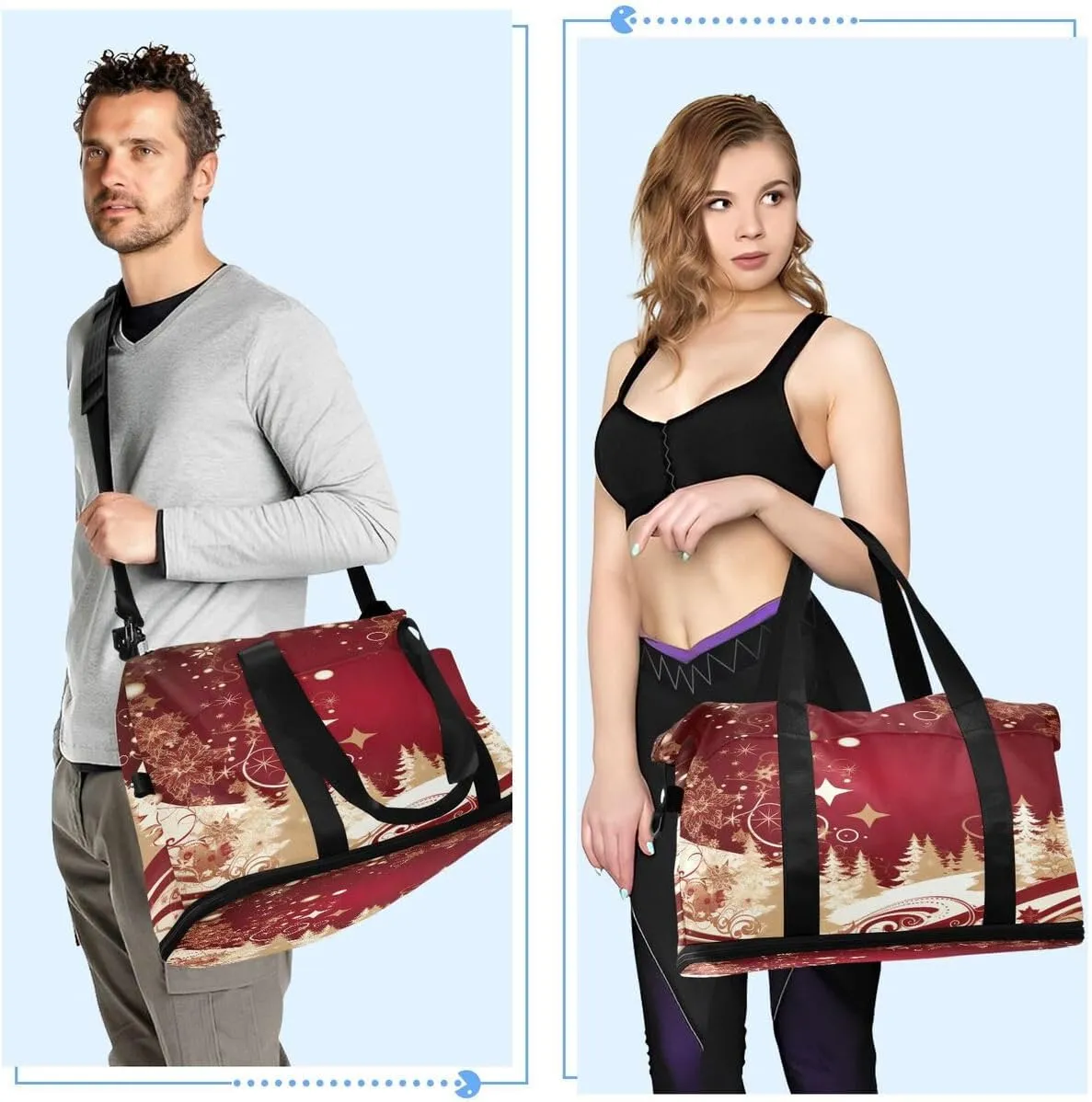 ALAZA Retro Star Pine Tree Merry Christmas Travel Duffel Bag with Shoe Compartment Tote Bag Weekender Overnight Bag with Wet Pocket for Travel,Gym,Yoga,Swimming