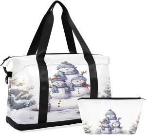 ALAZA White Snowflake Pine Tree Snowman Christmas Duffel Bag with Shoe Compartment Tote Bag Weekender Overnight Bag with Wet Pocket for Travel,Gym,Yoga,Swimming