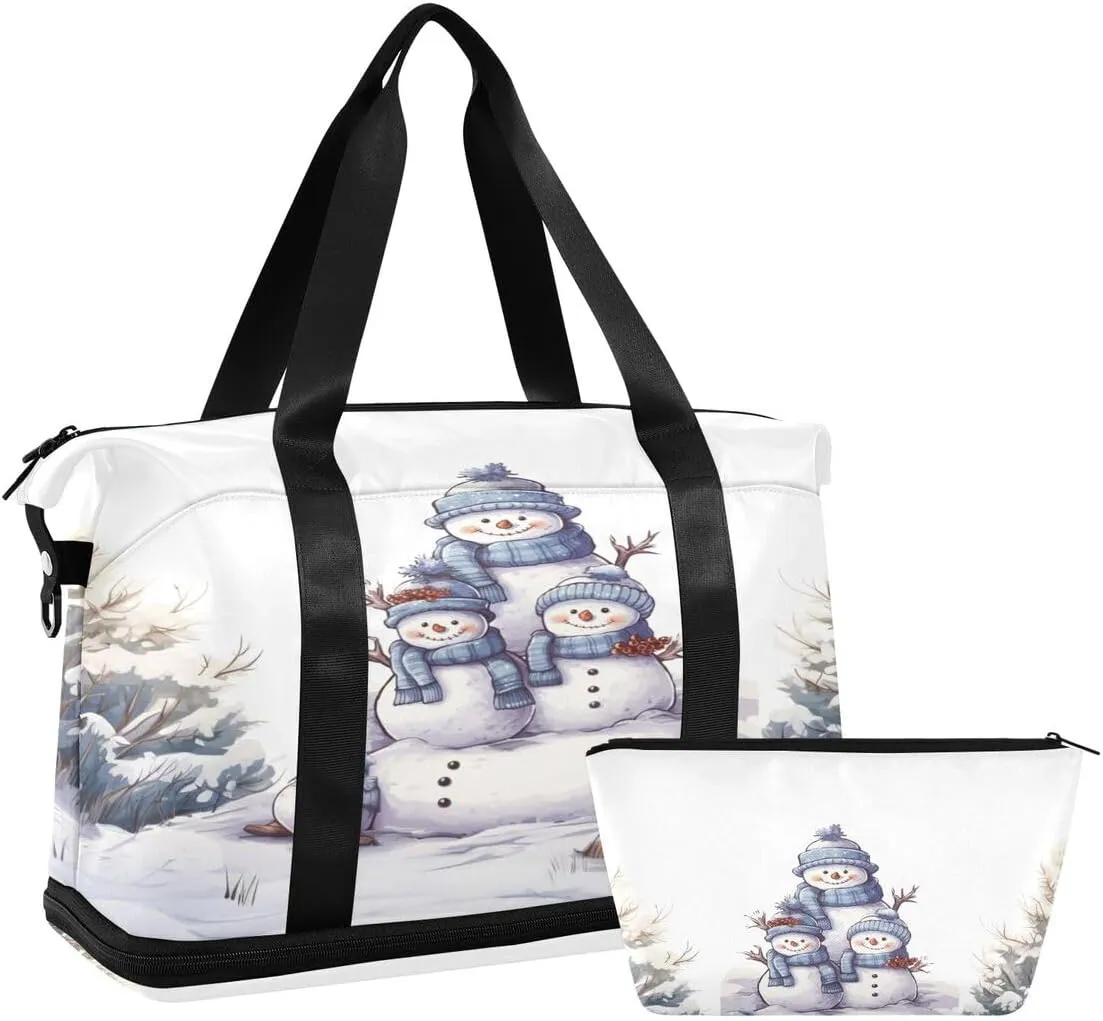 ALAZA White Snowflake Pine Tree Snowman Christmas Duffel Bag with Shoe Compartment Tote Bag Weekender Overnight Bag with Wet Pocket for Travel,Gym,Yoga,Swimming