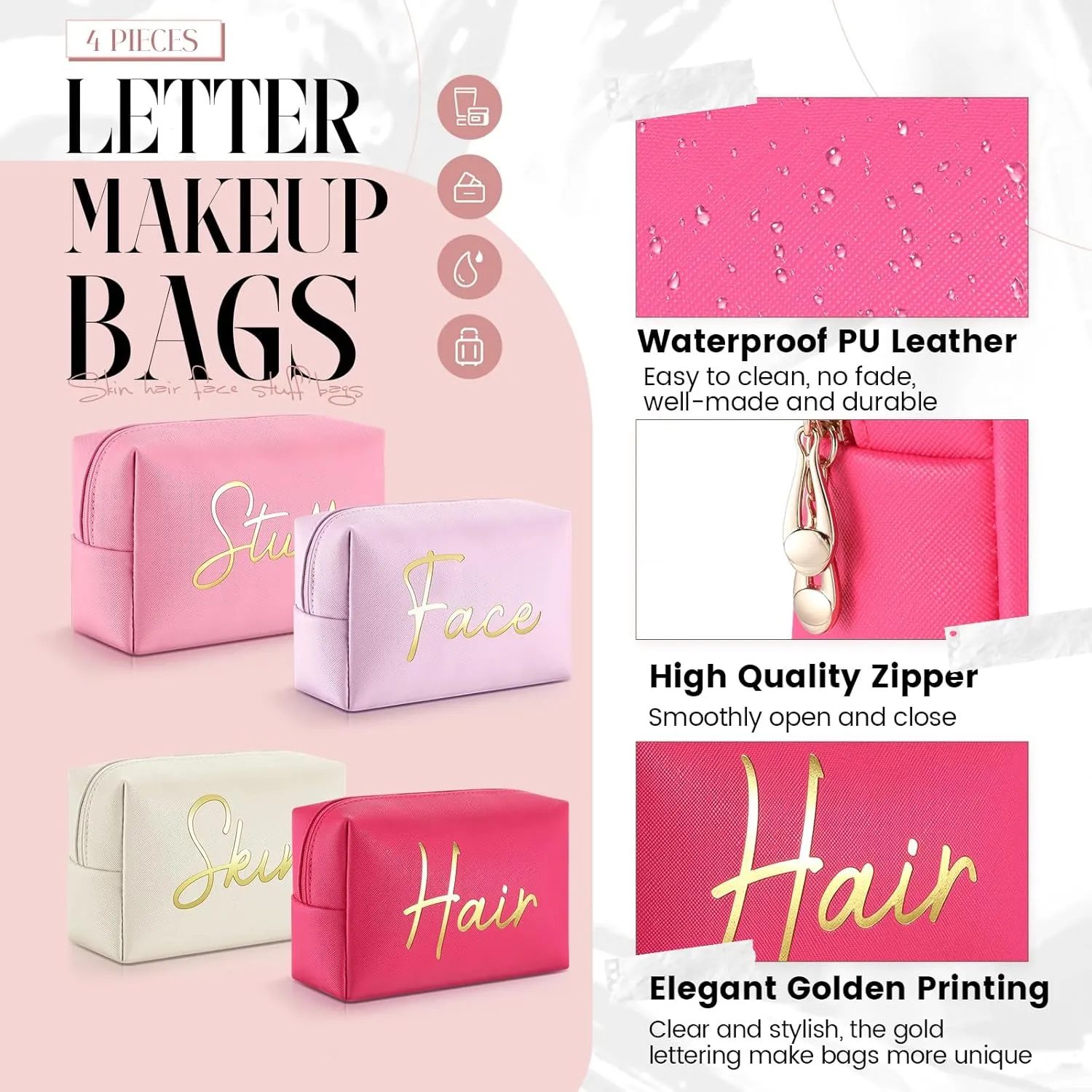 Aliceset 4 Pcs Preppy Makeup Bags Set Cute Travel Cosmetic Pouch Face Skin Hair Stuff Aesthetic Makeup Bags, PU Leather Waterproof Zipper Toiletry Pouch Gifts for Women Girl(Bright Pink)