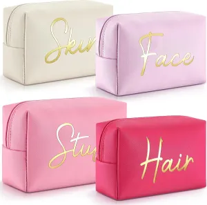 Aliceset 4 Pcs Preppy Makeup Bags Set Cute Travel Cosmetic Pouch Face Skin Hair Stuff Aesthetic Makeup Bags, PU Leather Waterproof Zipper Toiletry Pouch Gifts for Women Girl(Bright Pink)