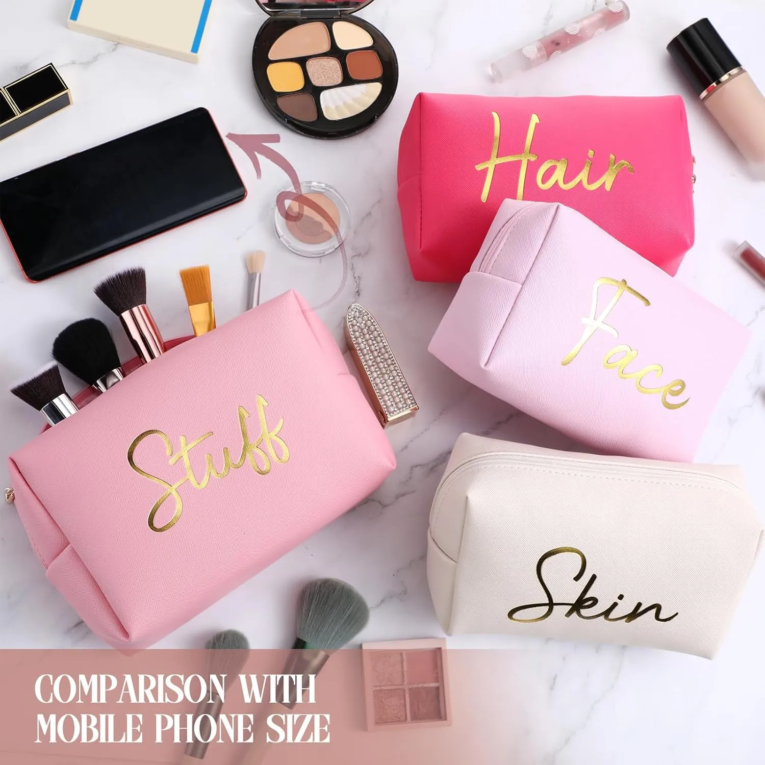 Aliceset 4 Pcs Preppy Makeup Bags Set Cute Travel Cosmetic Pouch Face Skin Hair Stuff Aesthetic Makeup Bags, PU Leather Waterproof Zipper Toiletry Pouch Gifts for Women Girl(Bright Pink)