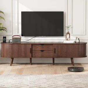 Alohappy 69" Mid Century Modern TV Stand with Charging Station, Farmhouse Curved Edge TV and Media Console Table with Drawer and Shelf, Fluted Entertainment Center for Living Room, Bedroom, Walnut