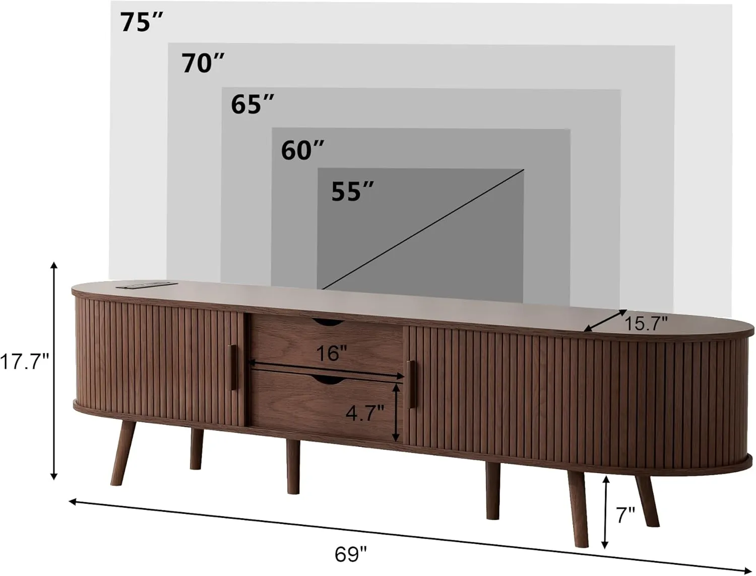 Alohappy 69" Mid Century Modern TV Stand with Charging Station, Farmhouse Curved Edge TV and Media Console Table with Drawer and Shelf, Fluted Entertainment Center for Living Room, Bedroom, Walnut