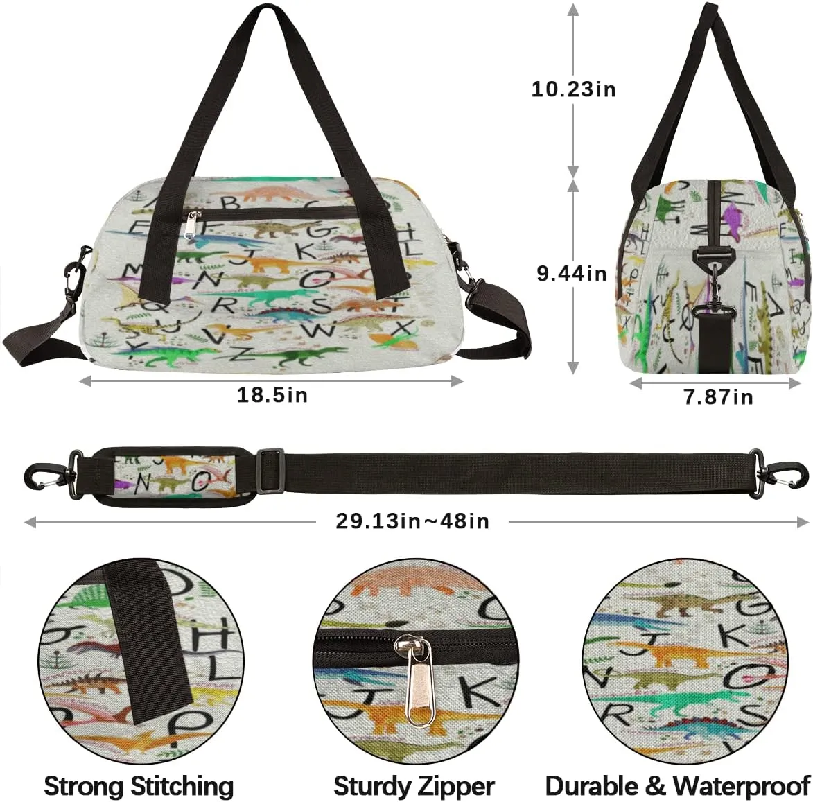 Alphabets Dinosaurs Kids Duffel Bag for Girls Boys Teens, Oil Painting Dance Bag Overnight Small Duffel Bag Carry On Weekend Sports Gym Travel Bag for School Practice Gymnastics Ballet