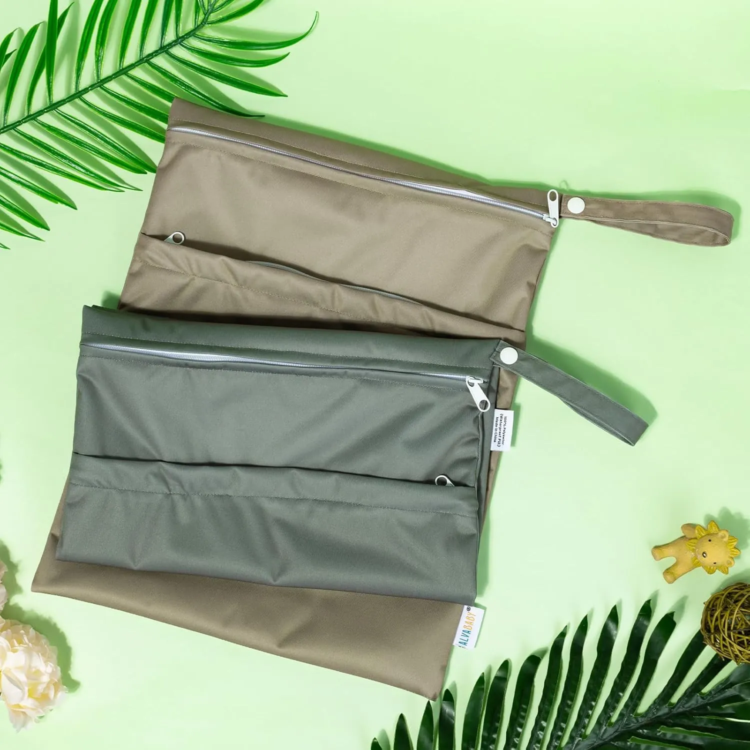 ALVABABY 2pcs Waterproof Wet Dry Bags,Reusable with Two Zippered Pockets,Baby Cloth Diaper,Travel,Beach,Pool,Daycare,Soiled Baby Items,Yoga Gym Bag,Swimsuits or Wet Clothes LW2122