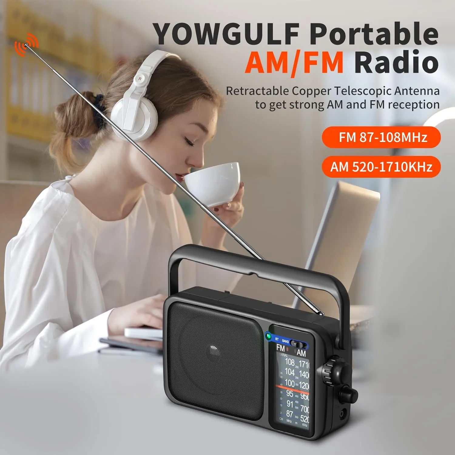 AM FM Radio with Best Reception,Bluetooth Portable AM FM Transistor,Battery Operated Radio or AC Power,Large Dial,Headphone Jack, Gifts for Seniors Elderly