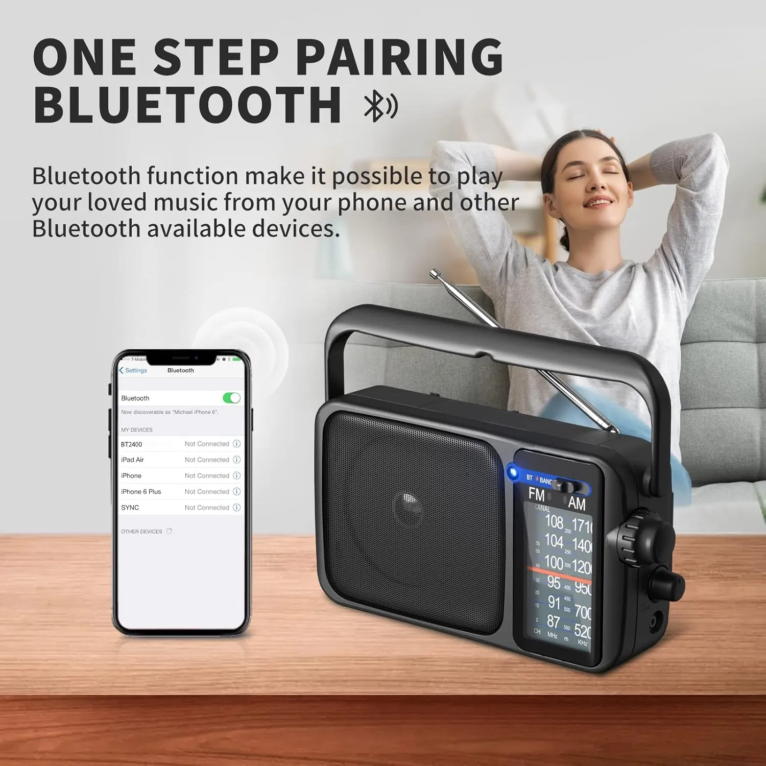 AM FM Radio with Best Reception,Bluetooth Portable AM FM Transistor,Battery Operated Radio or AC Power,Large Dial,Headphone Jack, Gifts for Seniors Elderly