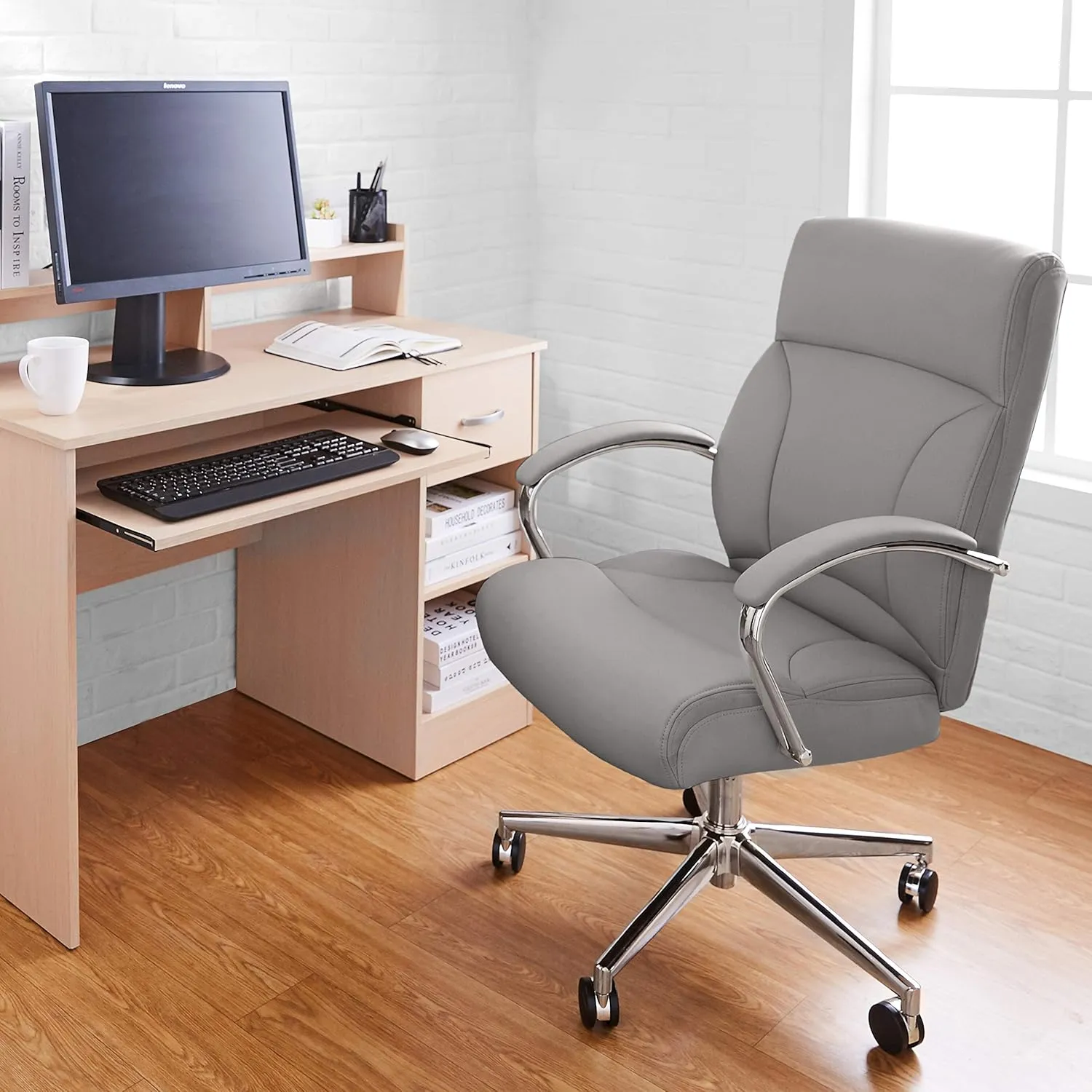 Amazon Basics Executive Desk Chair with Easy Assembly, 275lb Capacity, Oversized Cushion, 29.13"D x 25.2"W x 43.11"H, Grey Bonded Leather
