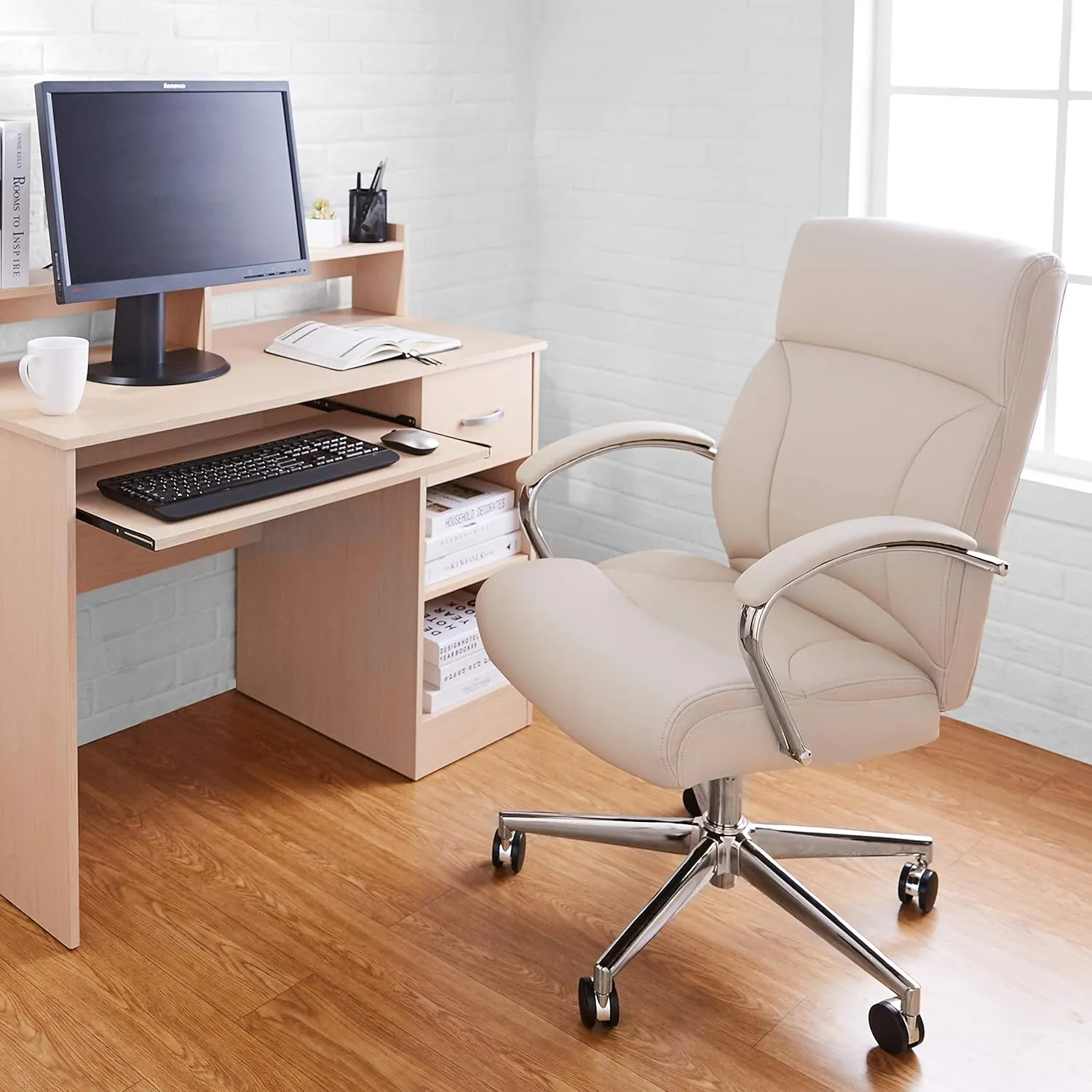Amazon Basics Executive Desk Chair with Easy Assembly, 275lb Capacity, Oversized Cushion, 29.13"D x 25.2"W x 43.11"H, Ivory Bonded Leather