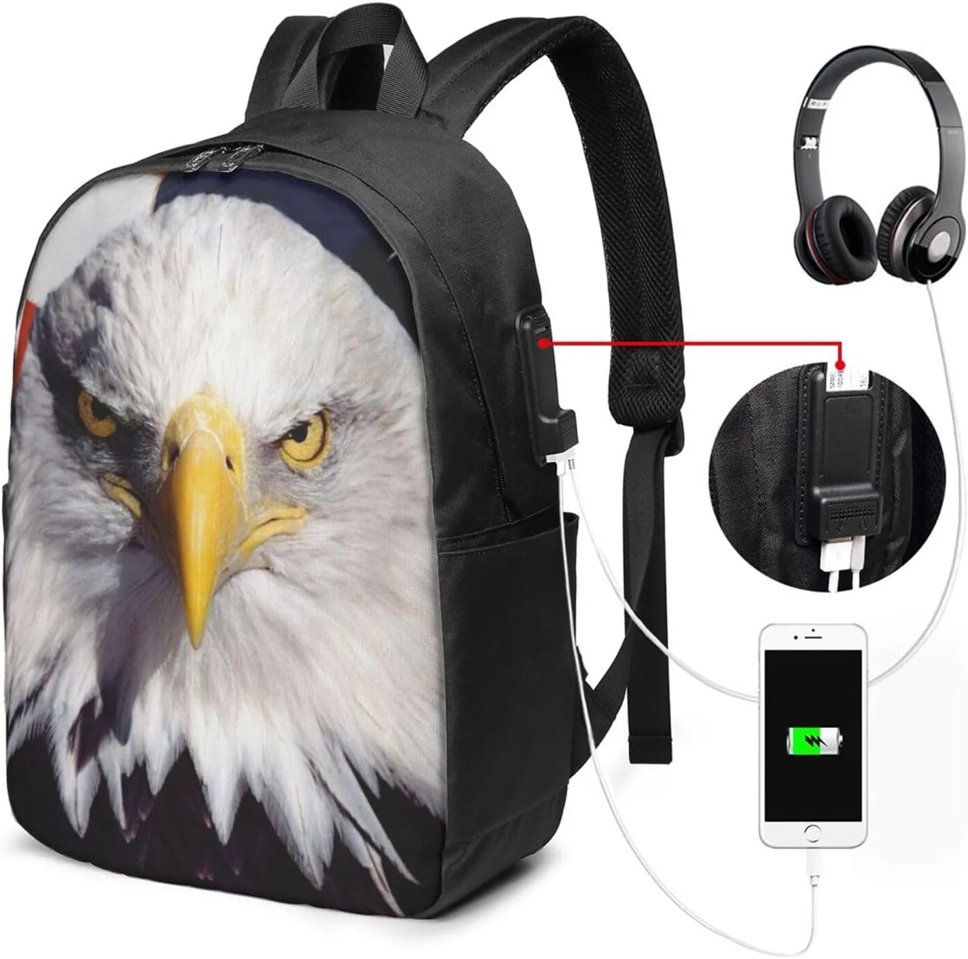 American Bald Eagle Backpack, 17 Inch Travel Business Laptop Backpack With USB Port for Women Men