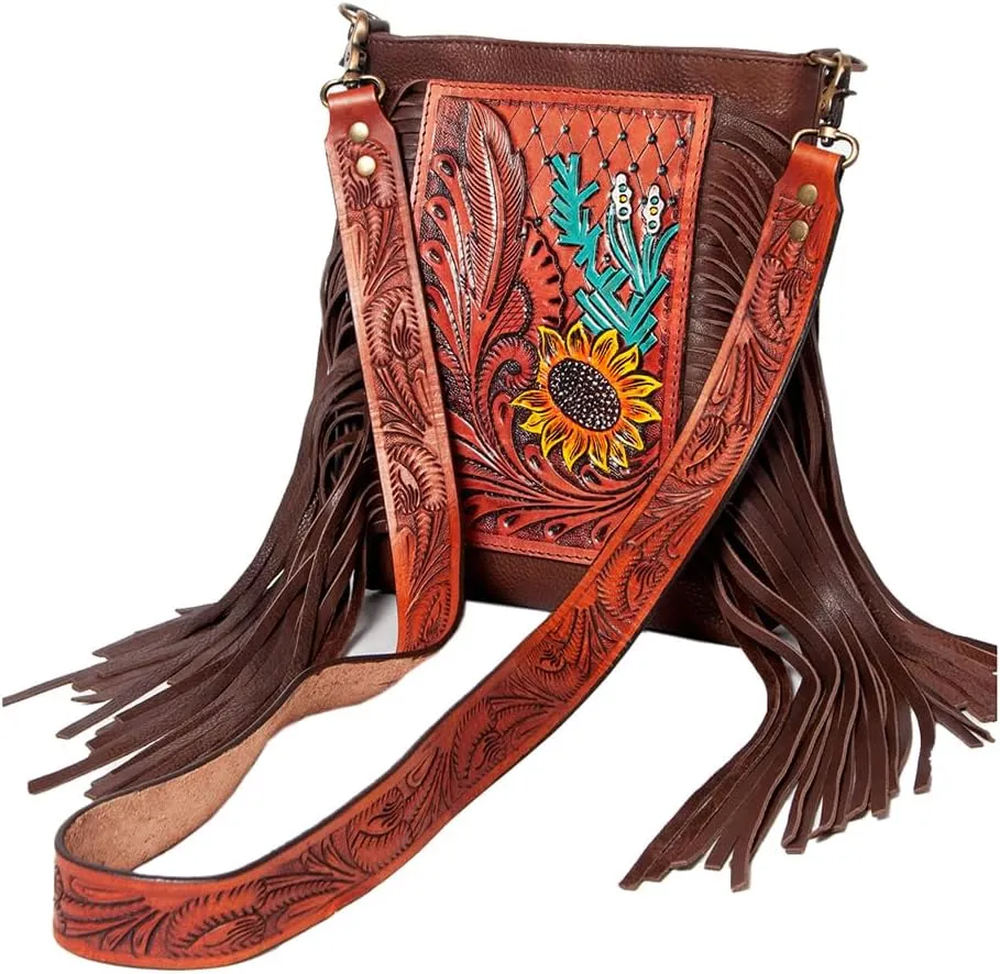 American Darling Women's Western Crossbody Bag | Black, 12in (H) X 10in (W) | Wedding, Summer | Hand Tooled Leather, Fringe | Crossbody Handbag