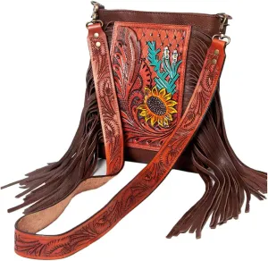 American Darling Women's Western Crossbody Bag | Black, 12in (H) X 10in (W) | Wedding, Summer | Hand Tooled Leather, Fringe | Crossbody Handbag