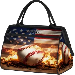 American Flag Baseball Fire Print Travel Sports Bag for Women Essentials Customized Name Carry On Duffel Gym Bag Personalized Accessories Large Tote Weekender Bag Ladies Beach Waterproof Bag