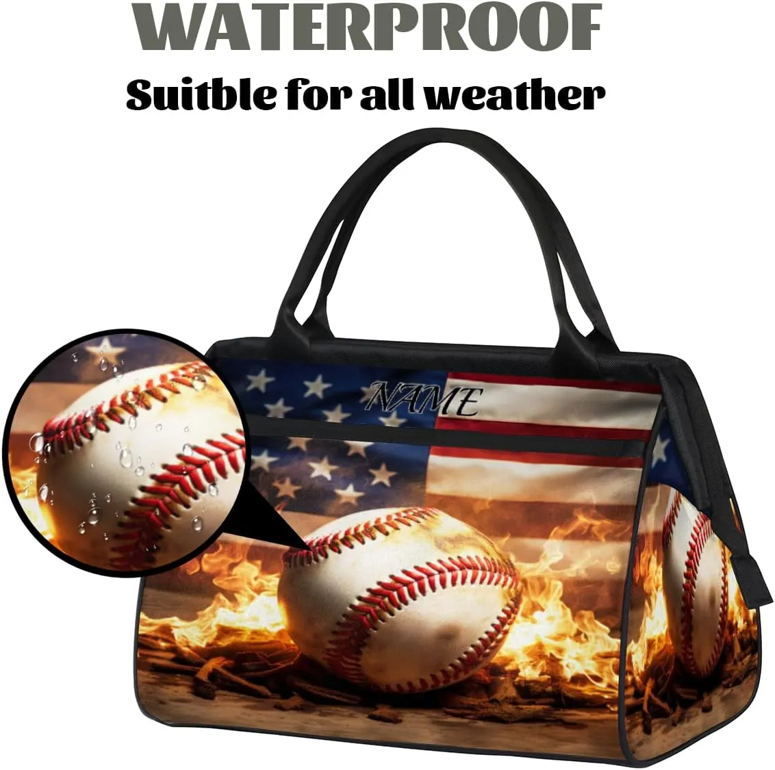 American Flag Baseball Fire Print Travel Sports Bag for Women Essentials Customized Name Carry On Duffel Gym Bag Personalized Accessories Large Tote Weekender Bag Ladies Beach Waterproof Bag