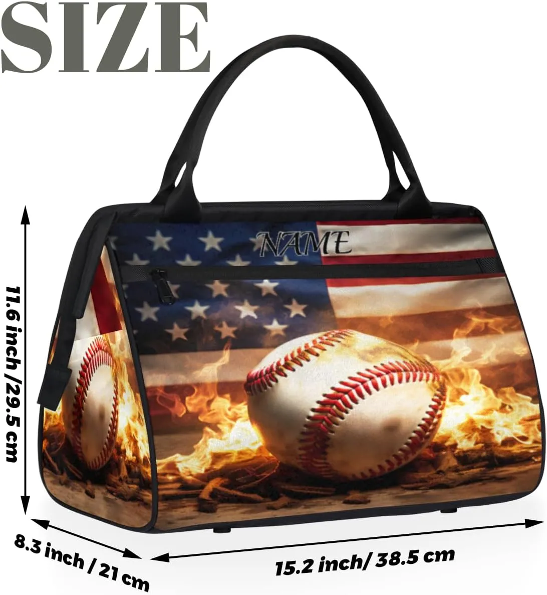 American Flag Baseball Fire Print Travel Sports Bag for Women Essentials Customized Name Carry On Duffel Gym Bag Personalized Accessories Large Tote Weekender Bag Ladies Beach Waterproof Bag