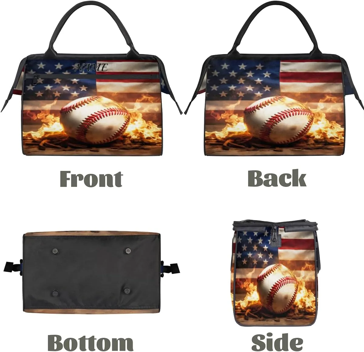 American Flag Baseball Fire Print Travel Sports Bag for Women Essentials Customized Name Carry On Duffel Gym Bag Personalized Accessories Large Tote Weekender Bag Ladies Beach Waterproof Bag