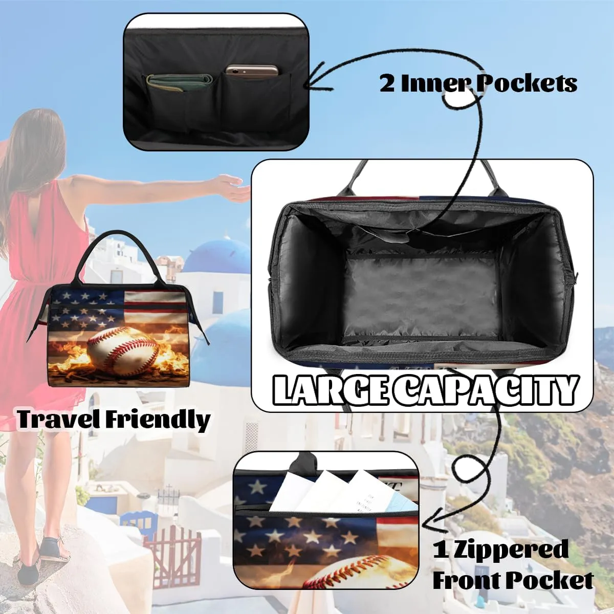 American Flag Baseball Fire Print Travel Sports Bag for Women Essentials Customized Name Carry On Duffel Gym Bag Personalized Accessories Large Tote Weekender Bag Ladies Beach Waterproof Bag