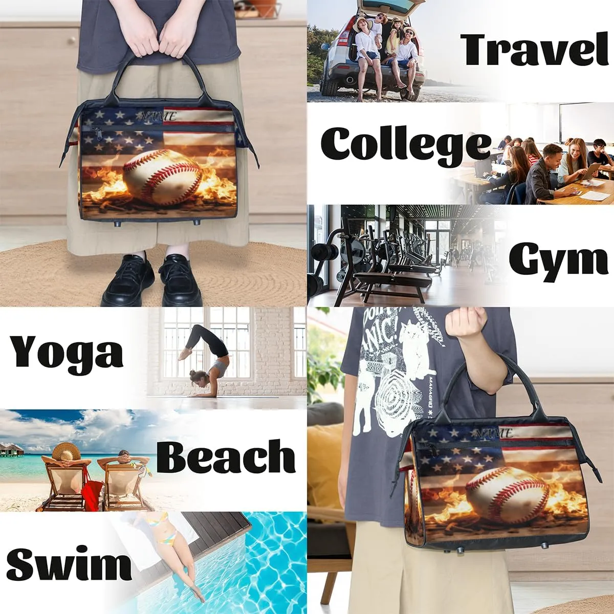 American Flag Baseball Fire Print Travel Sports Bag for Women Essentials Customized Name Carry On Duffel Gym Bag Personalized Accessories Large Tote Weekender Bag Ladies Beach Waterproof Bag