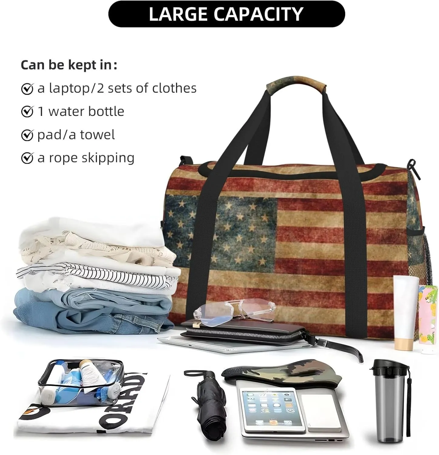 American Flag Travel Duffel Bag Large Foldable Waterproof Overnight Bag For Beach Swim Bags Pool Sports Gym