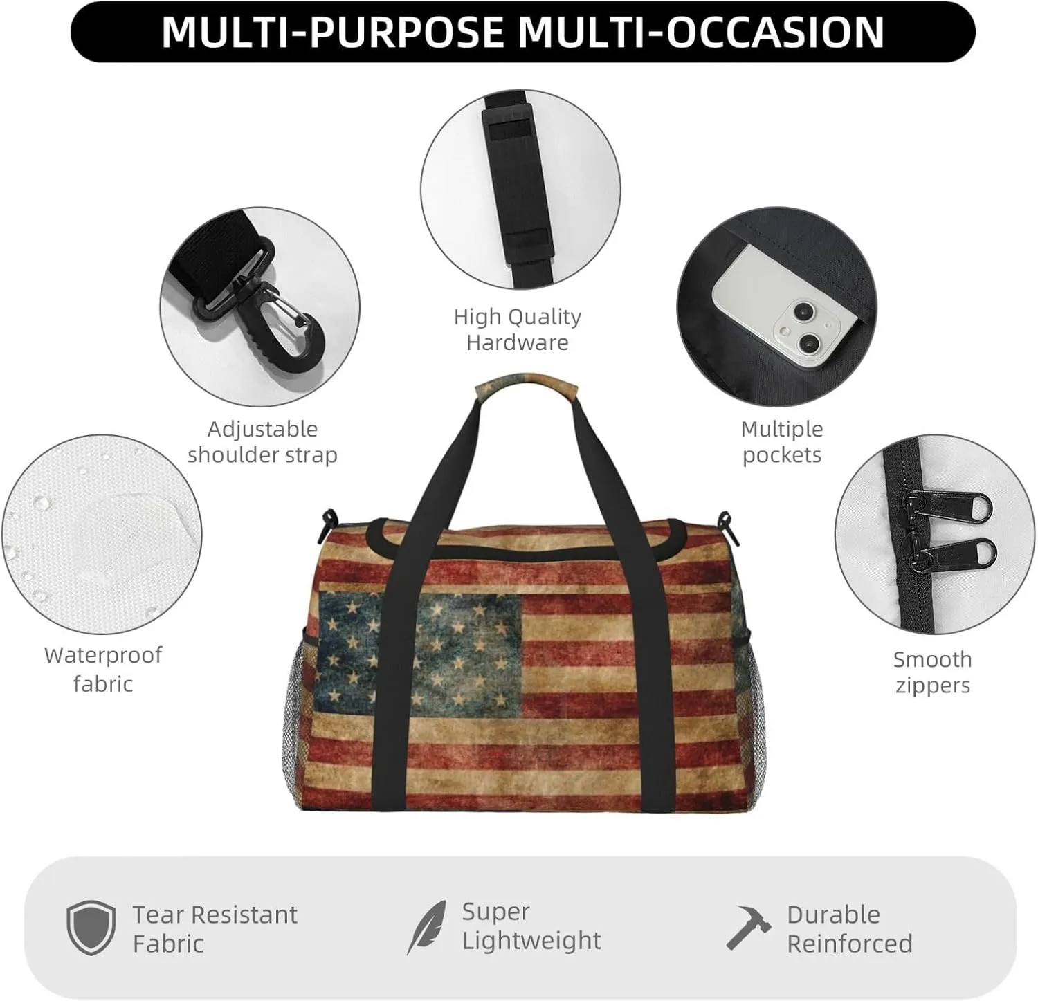 American Flag Travel Duffel Bag Large Foldable Waterproof Overnight Bag For Beach Swim Bags Pool Sports Gym