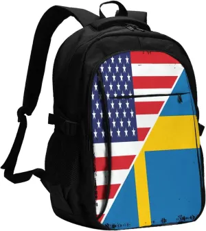 American Sweden Flag Swedish Roots Business Laptop Backpack Travel Backpacks Outdoor Rucksack Large Bag Daypack with USB Charging Port Multi-Pocket for Hiking Camping