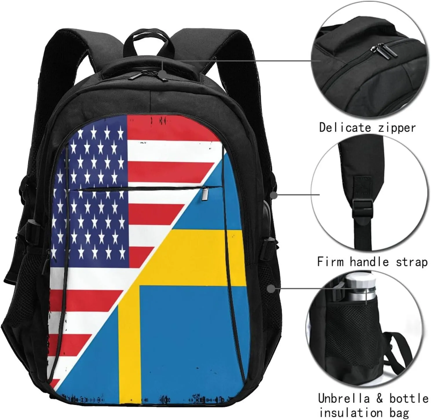 American Sweden Flag Swedish Roots Business Laptop Backpack Travel Backpacks Outdoor Rucksack Large Bag Daypack with USB Charging Port Multi-Pocket for Hiking Camping