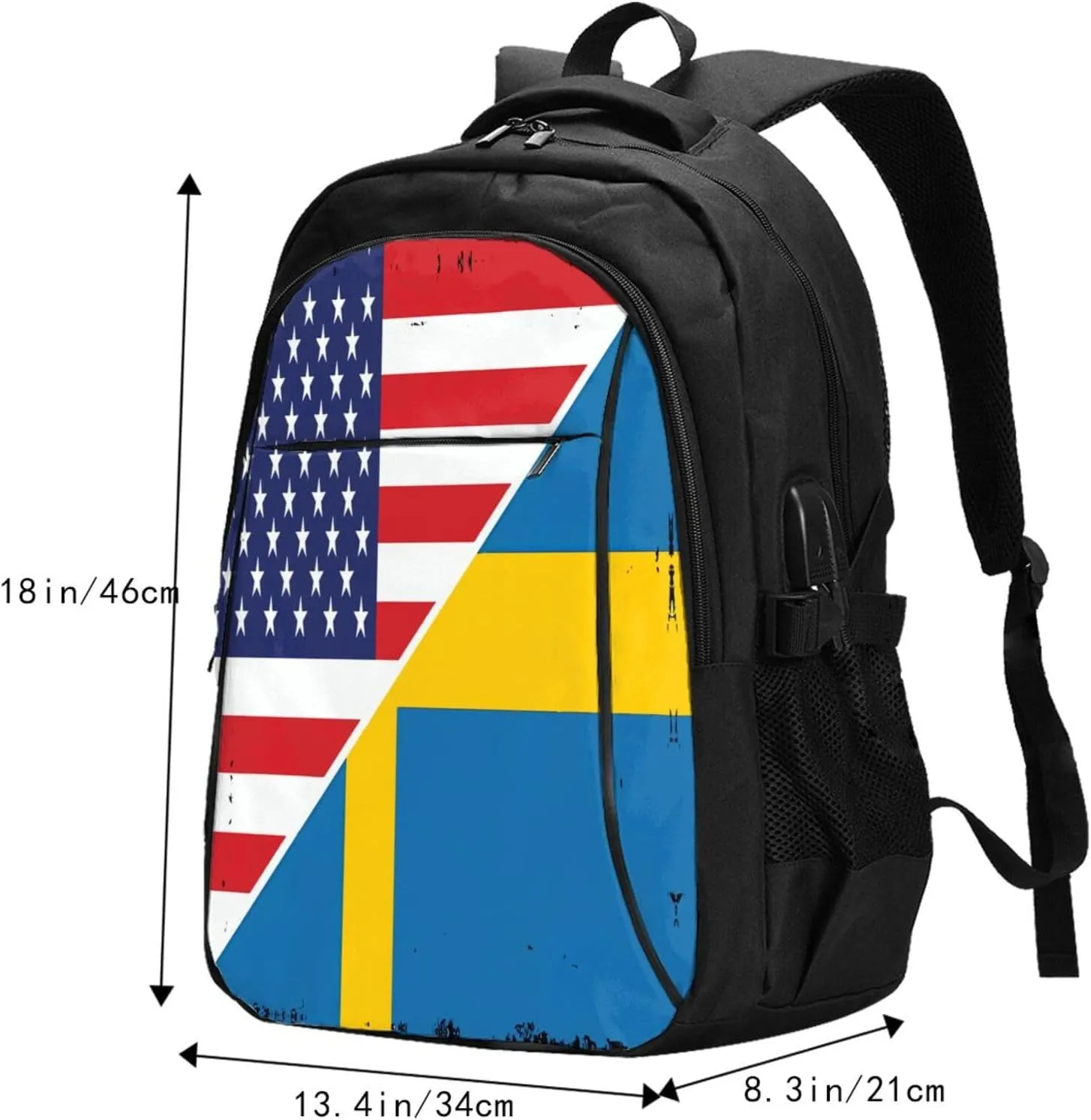 American Sweden Flag Swedish Roots Business Laptop Backpack Travel Backpacks Outdoor Rucksack Large Bag Daypack with USB Charging Port Multi-Pocket for Hiking Camping
