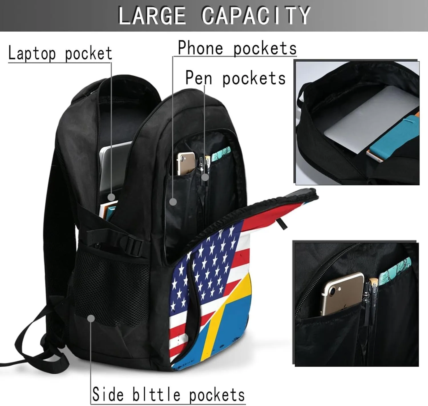 American Sweden Flag Swedish Roots Business Laptop Backpack Travel Backpacks Outdoor Rucksack Large Bag Daypack with USB Charging Port Multi-Pocket for Hiking Camping