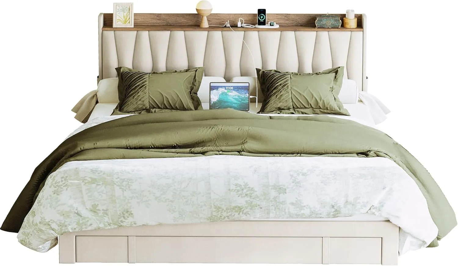ANCTOR King Size Bed Frame with Storage Headboard and Charging Station, Upholstered Platform Bed with 3 Drawers, No Box Spring Needed, Easy Assembly, Beige