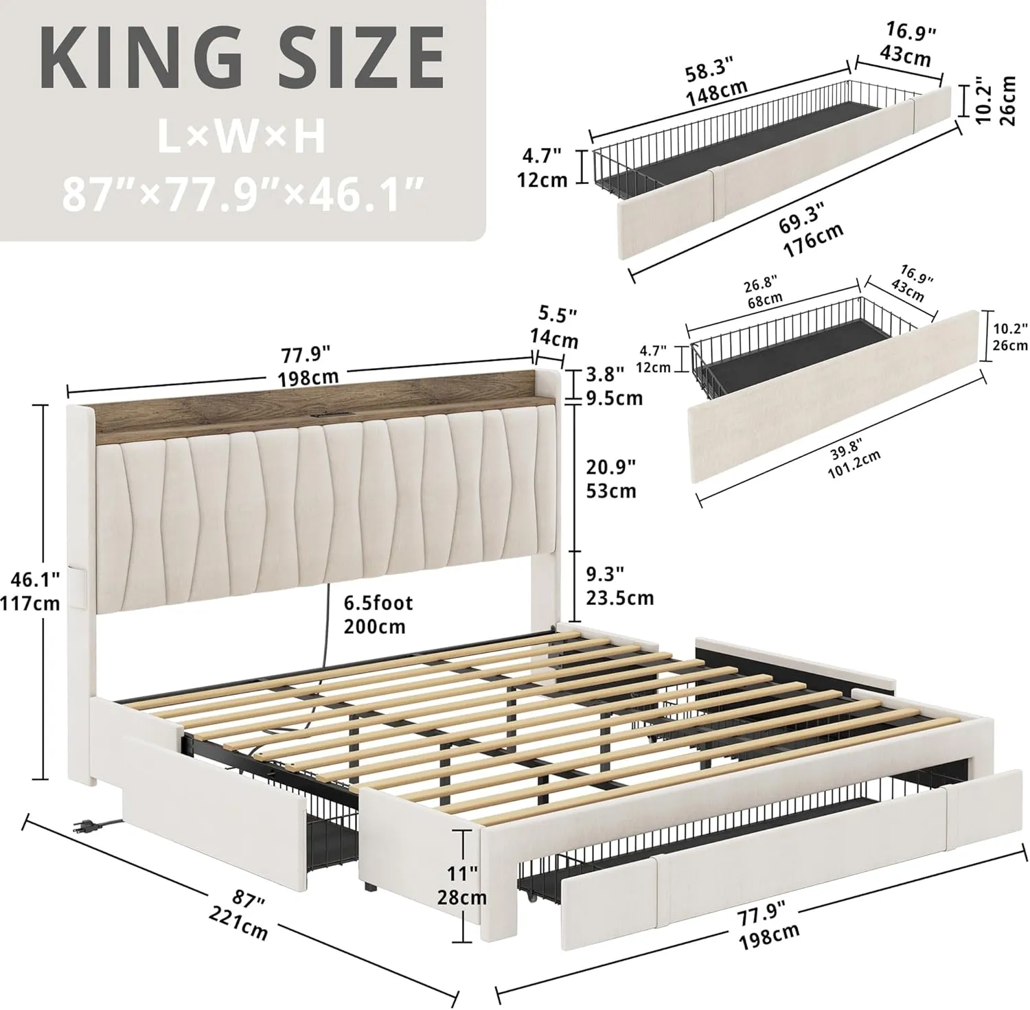 ANCTOR King Size Bed Frame with Storage Headboard and Charging Station, Upholstered Platform Bed with 3 Drawers, No Box Spring Needed, Easy Assembly, Beige