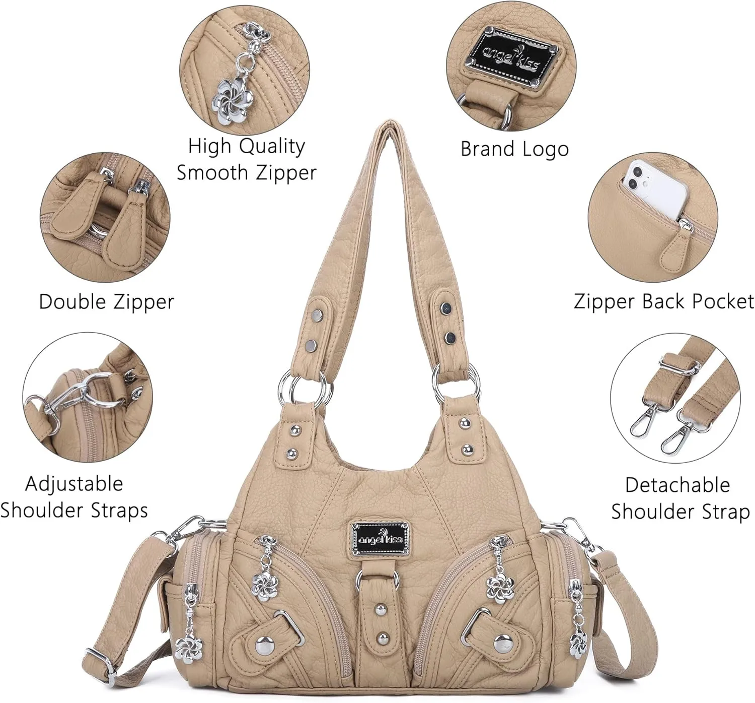 Angel Kiss Purses for Women Small Hobo Shoulder Bags Vagen Leather Multi-Pocket Tote Bag with Zipper