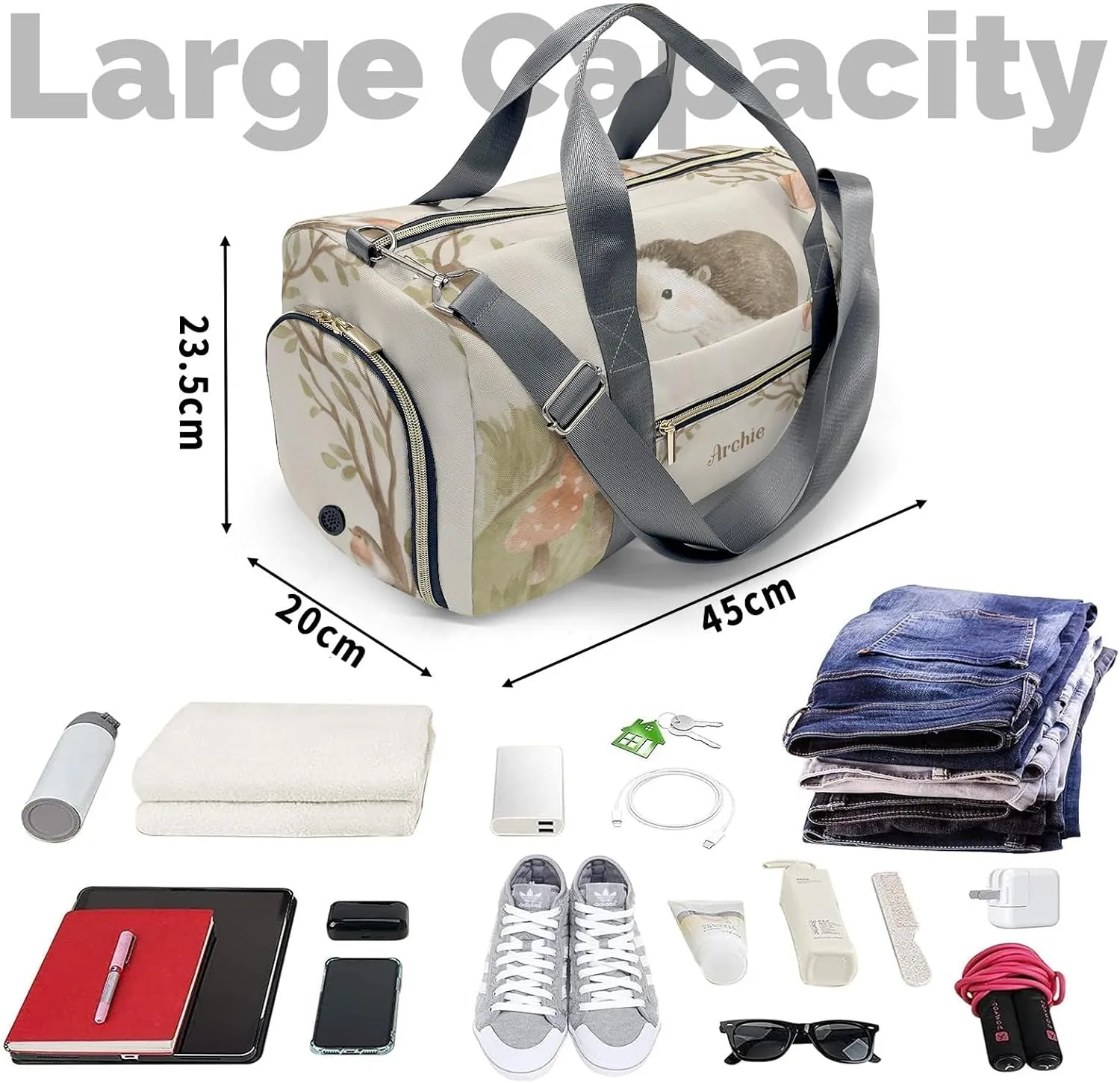 Animals Forest Hedgehog Personalized Duffel Bag Custom Multi-Function Travel Bag Gym Sports Dance Bags Overnight Carry On Weekend Bag for Women Men