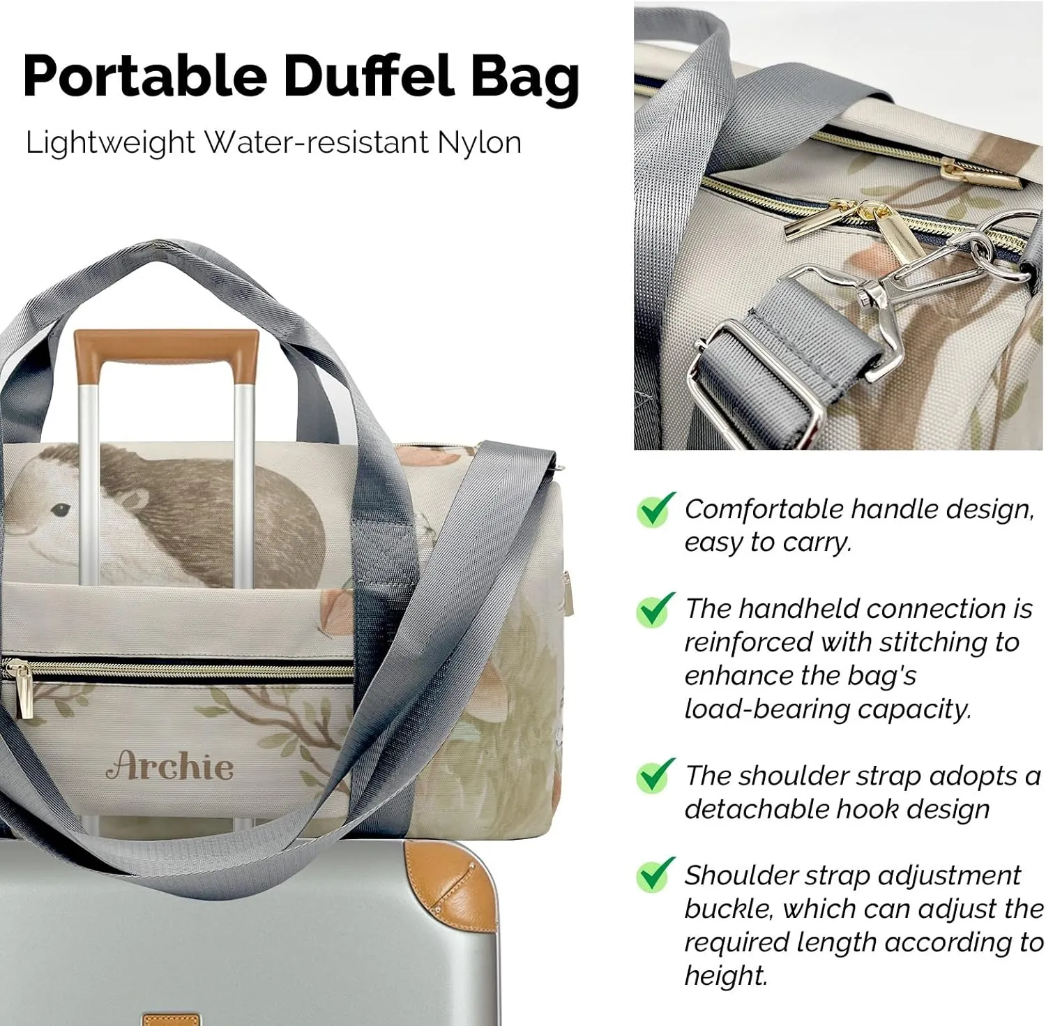 Animals Forest Hedgehog Personalized Duffel Bag Custom Multi-Function Travel Bag Gym Sports Dance Bags Overnight Carry On Weekend Bag for Women Men