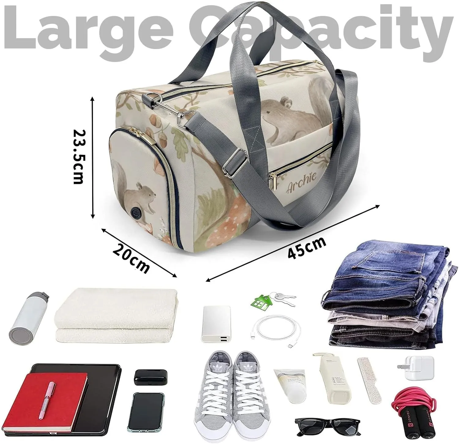 Animals Forest Squirrel Personalized Duffel Bag Custom Multi-Function Travel Bag Gym Sports Dance Bags Overnight Carry On Weekend Bag for Women Men