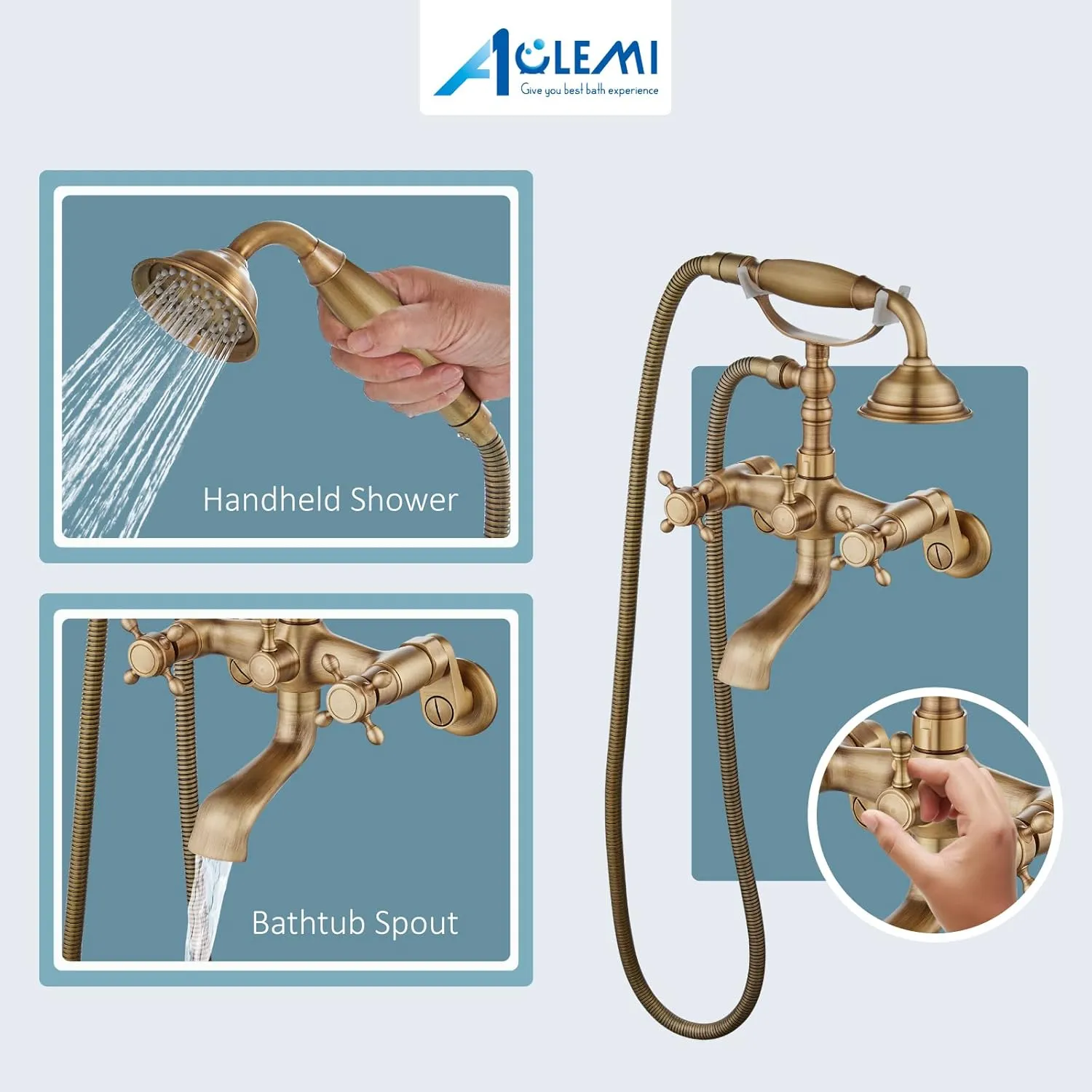 Aolemi Antique Brass Clawfoot Tub Faucet Wall Mount Bathroom Tub Filler with Hand Held Shower Sprayer Vintage Bathtub Faucet Set Double Cross Handle