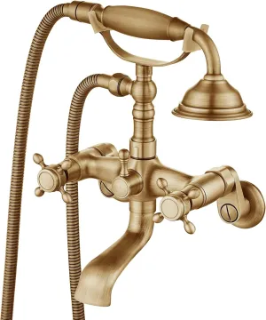 Aolemi Antique Brass Clawfoot Tub Faucet Wall Mount Bathroom Tub Filler with Hand Held Shower Sprayer Vintage Bathtub Faucet Set Double Cross Handle