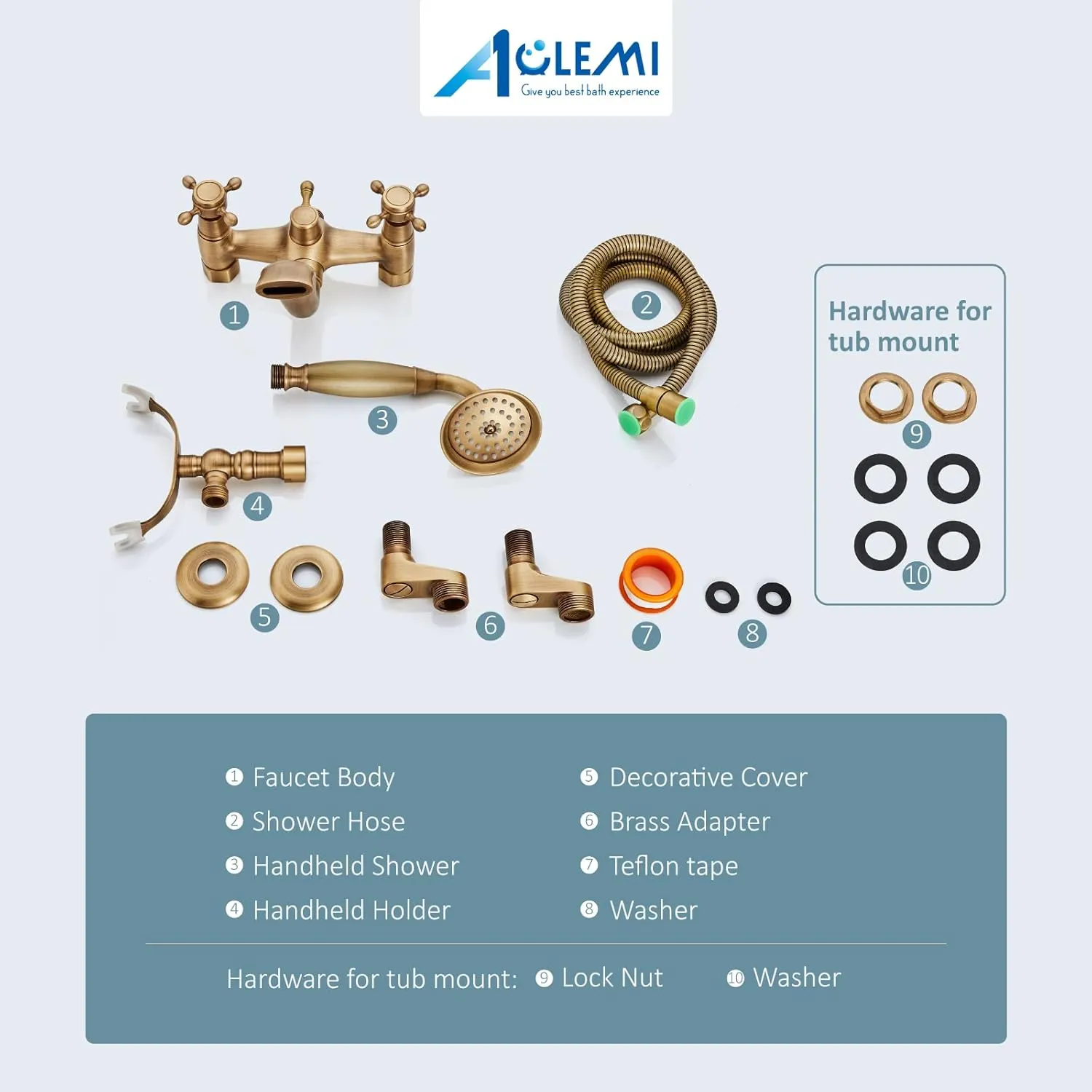 Aolemi Antique Brass Clawfoot Tub Faucet Wall Mount Bathroom Tub Filler with Hand Held Shower Sprayer Vintage Bathtub Faucet Set Double Cross Handle