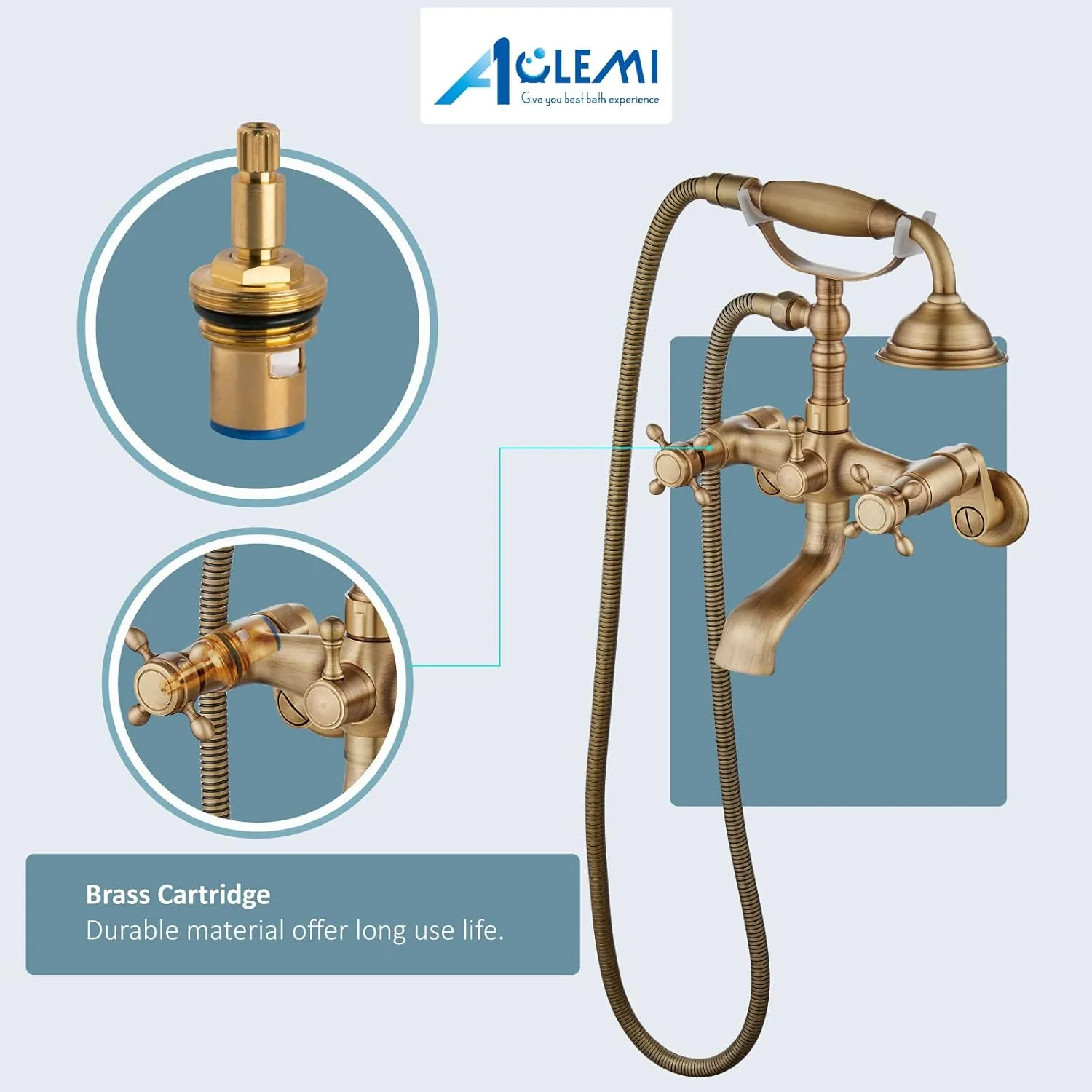 Aolemi Antique Brass Clawfoot Tub Faucet Wall Mount Bathroom Tub Filler with Hand Held Shower Sprayer Vintage Bathtub Faucet Set Double Cross Handle