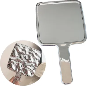 APLUSH Round Makeup Mirror, Square Hand Mirror, Water Ripples Hand Mirror with Handle for Make Up, Silver(Color:A,Size:Medium)