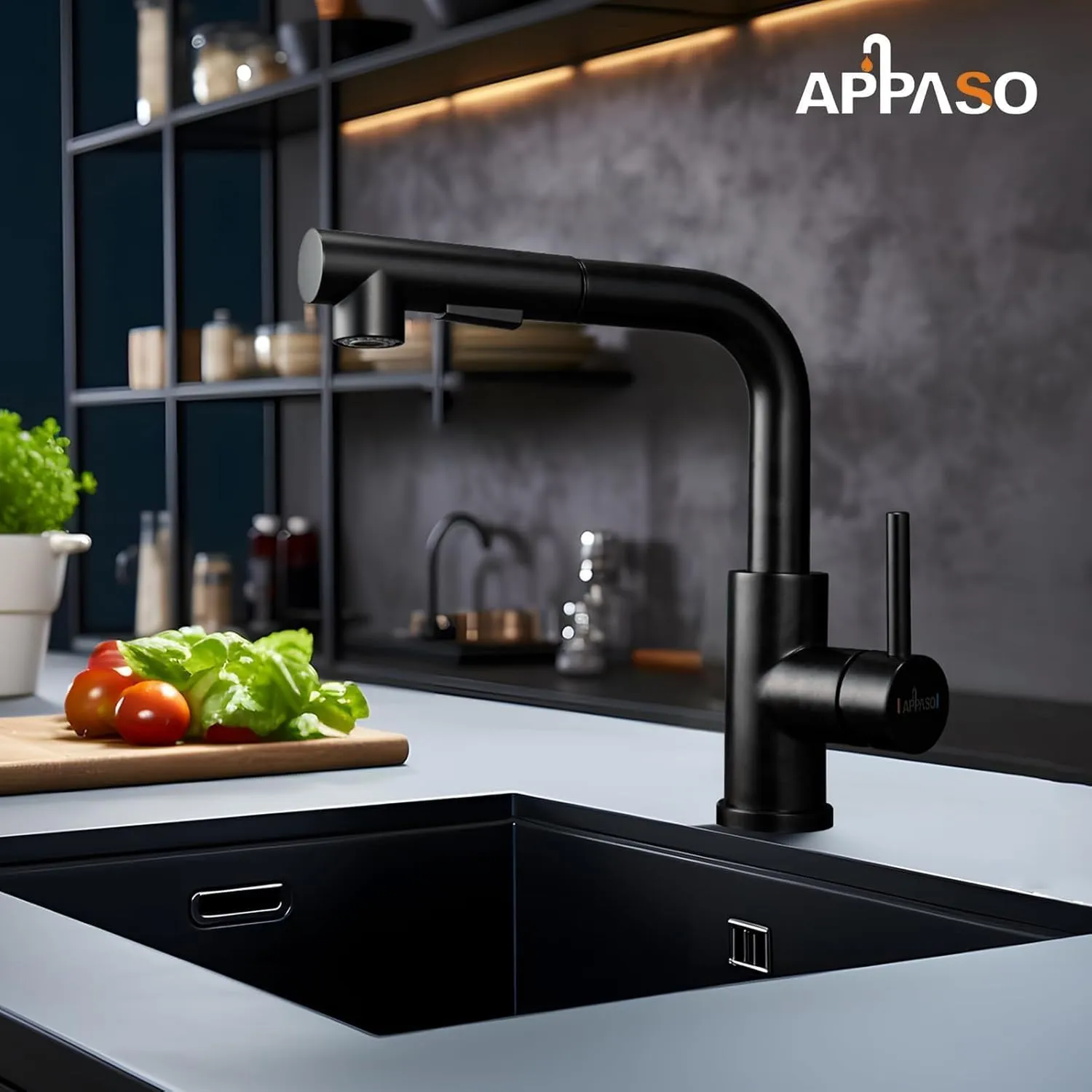 APPASO Bar Sink Faucet, Stainless Steel Kitchen Faucet with Pull Out Sprayer, Modern Single Handle Utility Faucet, Small Mini Faucets for RV Outdoor, Matte Black & 9” Height