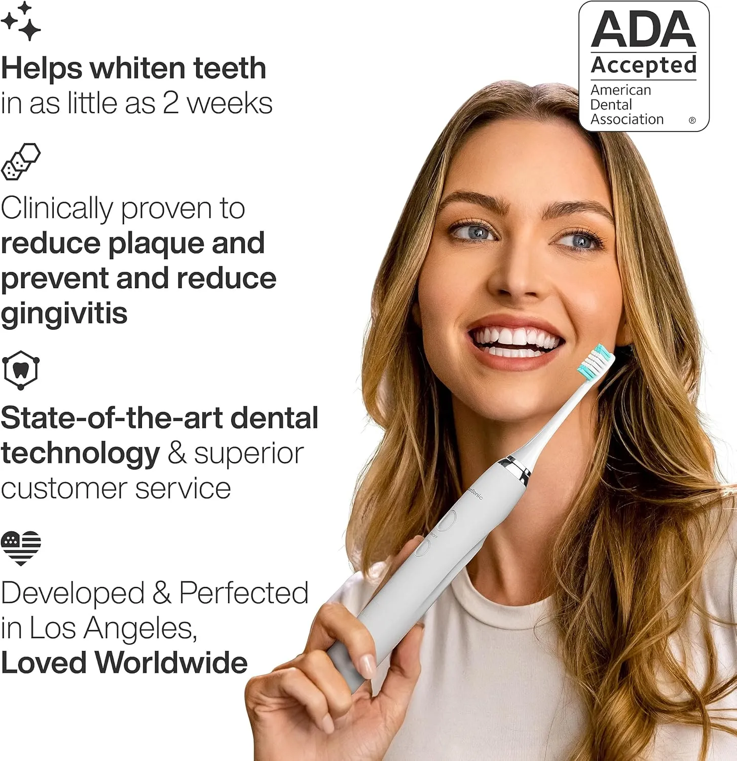 Aquasonic Vibe Series Ultra-Whitening Toothbrush – ADA Accepted Electric Toothbrush - 8 Brush Heads & Travel Case – 40,000 VPM Motor & Wireless Charging - 4 Modes w Smart Timer – Optic White