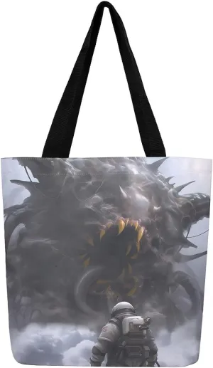 Astronaut Canvas Tote Bag,Fantasy Clouds Tote Bag,Outer Space Themed Shopping Grocery Bags