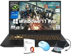 ASUS TUF F17 17.3'' Gaming Laptop, 2.5k WQHD 240Hz Display, NVIDIA GeForce RTX 4070, Intel i7-13620H, Backlit KB, Win 11 Pro, Microsoft Office & External DVD Drive, Wi-Fi 6, 64GB DDR5, 1TB SSD