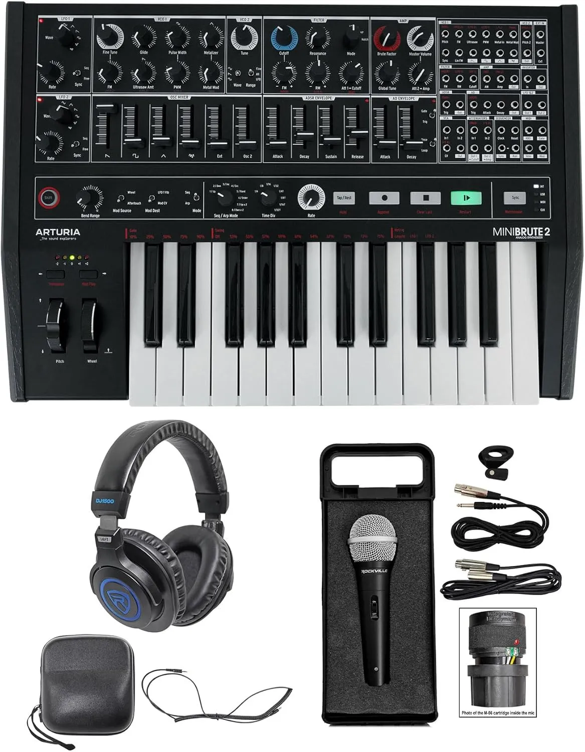 Audiosavings Bundle: Arturia Minibrute 2 NOIR USB MIDI Analog Synthesizer Bundle with Rockville DJ1500 DJ Headphones   Rockville RMC-XLR High-End Metal DJ Handheld Wired Microphone (3 Items)