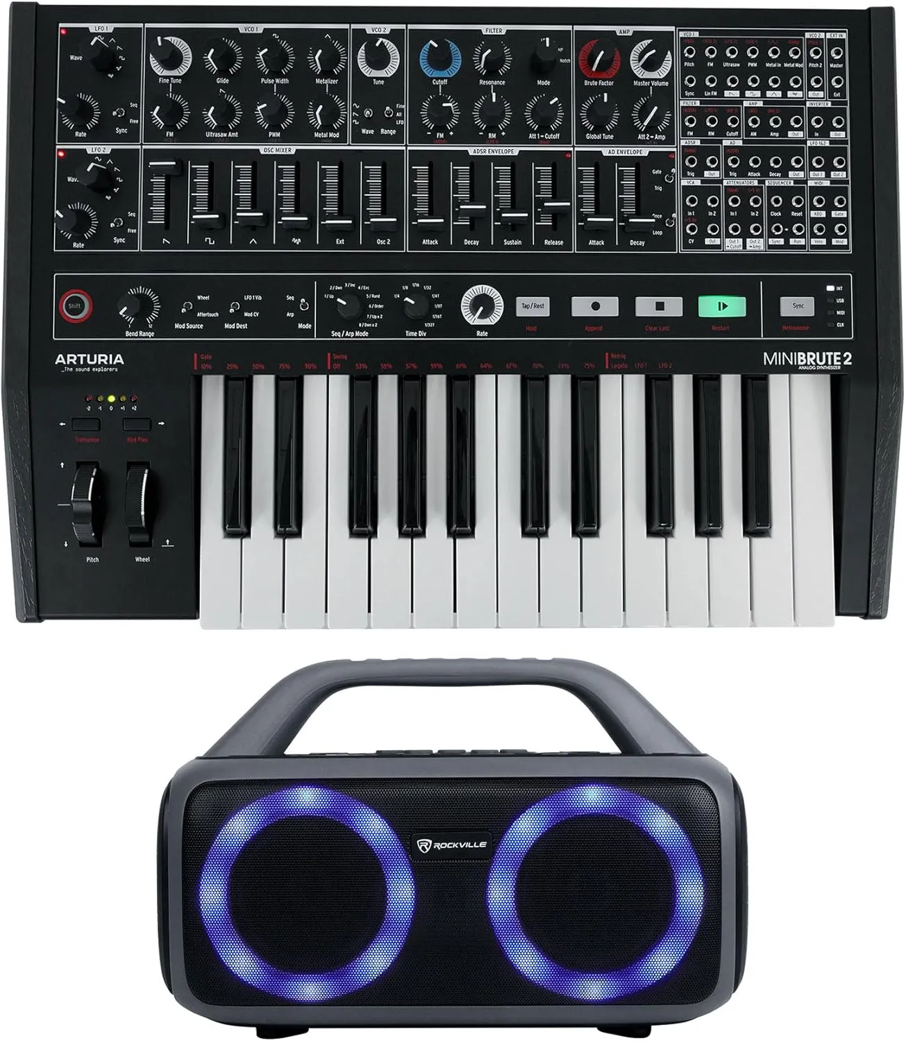 Audiosavings Bundle: Arturia Minibrute 2 NOIR USB MIDI Analog Synthesizer Monosynth Mini Brute Two Bundle with Rockville RPB50 Large and Loud Portable Bluetooth Speaker with LED Long Battery (2 Items)